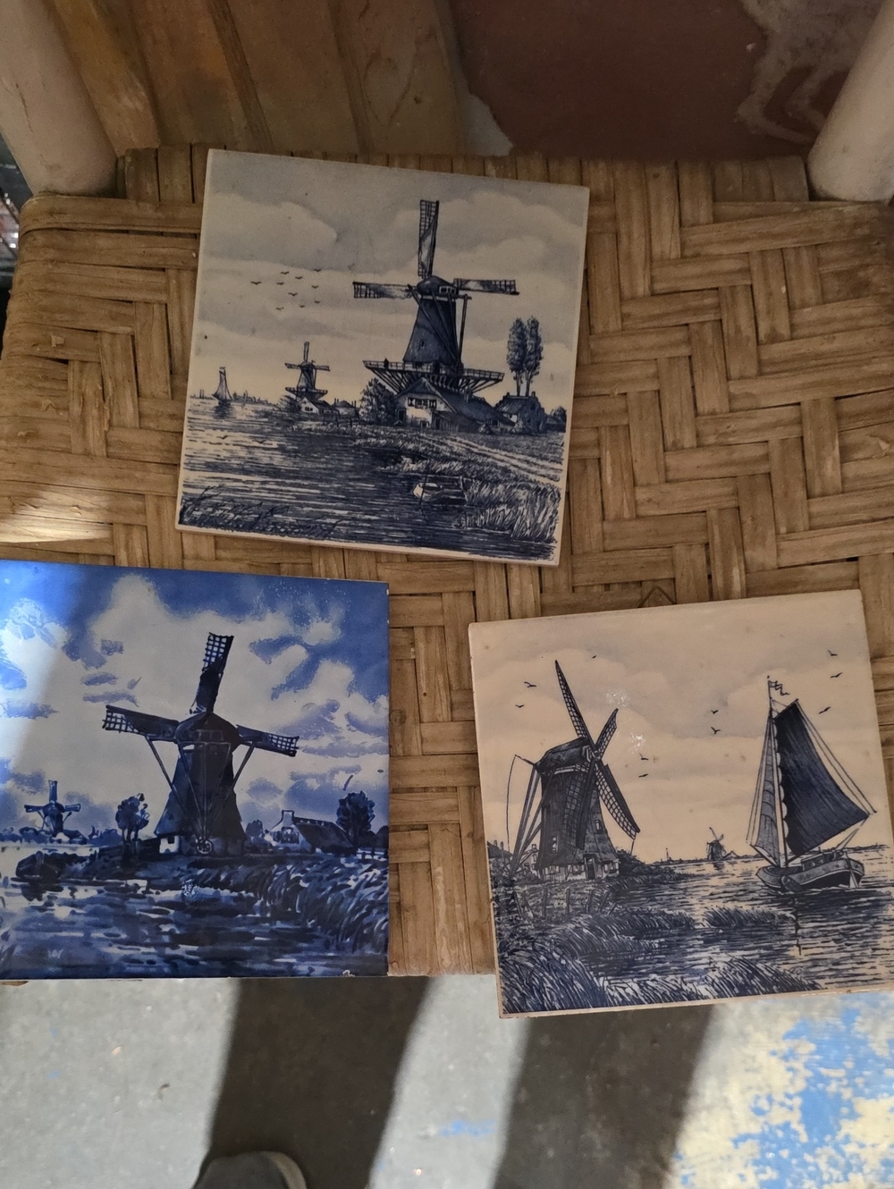 Vintage Blue Delft-Style Windmill Ceramic Tile Set - Home Art